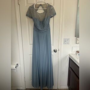 Azazie Dusty Blue Lace Cap Sleeve Evening Gown